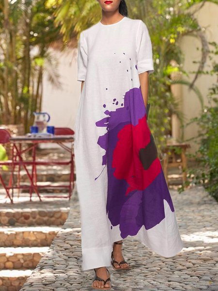 

Crew Neck Casual Short Sleeve Printed Dress, White, Dresses