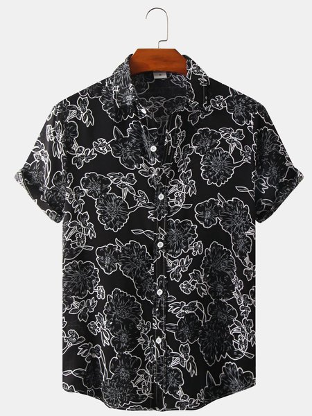 Cotton And Linen Holiday Leisure Short-sleeved Shirt, Black, Men's Floral shirt