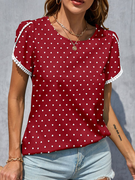 

little heart print Casual Petal Sleeve Loosen Polka Dots Top, Red, Shirts & Blouses