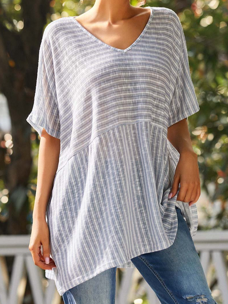 

White and Grey Striped V-Neck Doll Sleeve Top, Light gray, Tunics