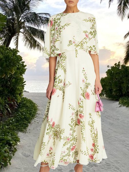 

Crew Neck Elegant Regular Fit Short Sleeve Woven Dress, White, Dresses