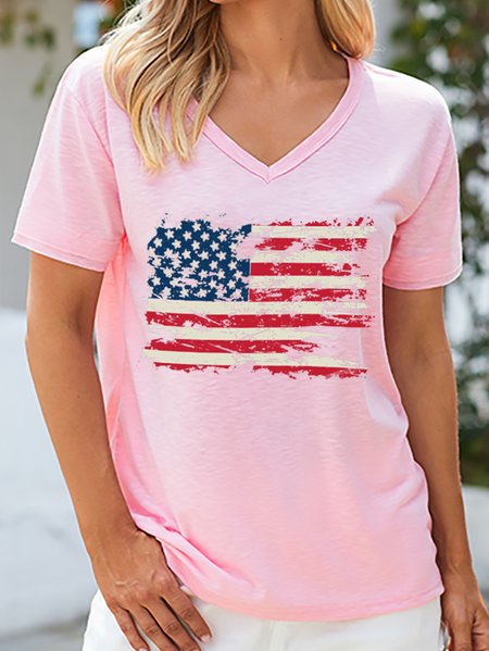 

American Flag Loosen Vacation Short Sleeve Tops, Pink, T-shirts