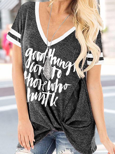 

V Neck Regular Fit Simple T-Shirt, Gray, T-Shirts