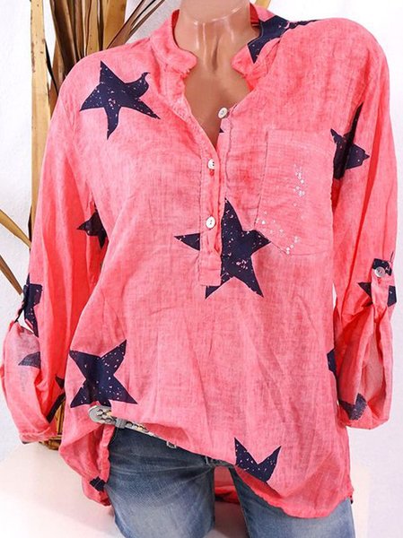

Raglan Sleeve Regular Fit Shirt Collar Geometric Tops, Pink, Shirts & Blouses