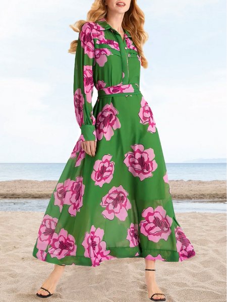 

Vacation Shirt Collar Floral Dress, Green, Dresses