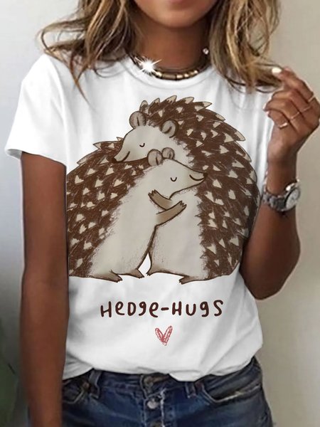 

Hedge Hugs Printed Round Neck Short Sleeve T-Shirts, White, T-Shirts