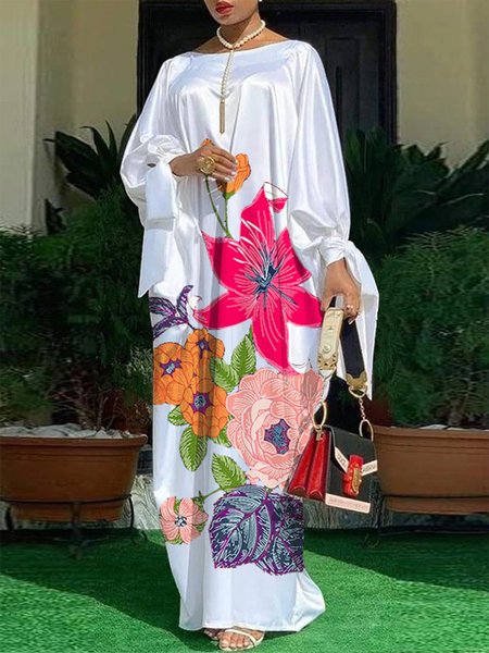 

Vacation Loosen Crew Neck Floral Printed Dress, White, Maxi Dresses