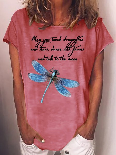 

Womens Funny May You Touch Dragonflies Letter Printed Casual Short Sleeve T-Shirt, Red, T-shirts