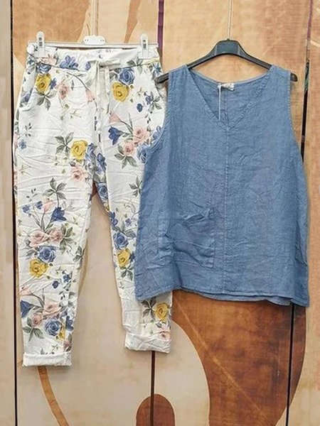

Basic cotton linen Vintage flower Pocket Vest two-piece suit plus size, Blue, Suit Set