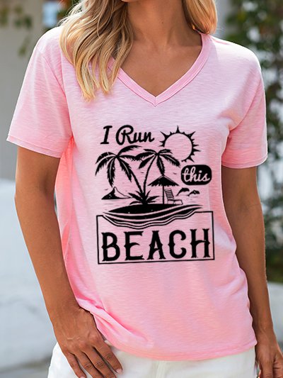 

I Run This Beach Boho V Neck Short Sleeve Tops, Pink, T-shirts