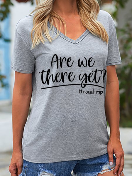 

Are We There Yet Road trip Loosen V Neck Short Sleeve Tops, Gray, T-shirts
