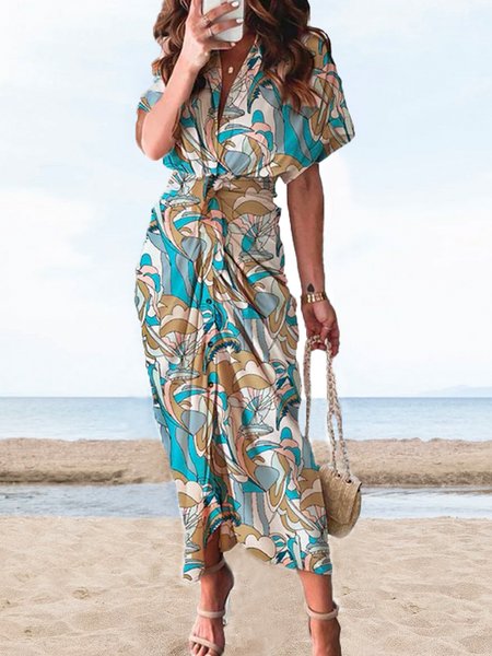 

Vacation Printed Slim Fit Short Sleeve Dress, Blue, Dresses