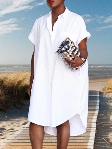 

Daily Solid Simple Short Sleeve Shirt Collar Dress, White, Dresses
