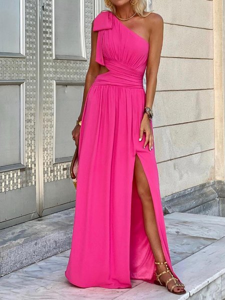 

Solid Sleeveless One Shoulder Summer Dress, Deep pink, Maxi Dresses