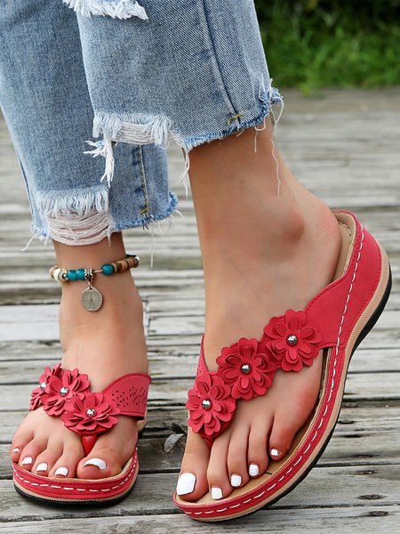 

JFN Floral Breathable Comfort Wedge Flip-Flops, Red, Sandals & Slippers
