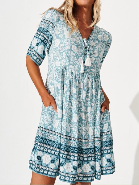 

Tribal Vacation V Neck Dresses, Green, Dresses