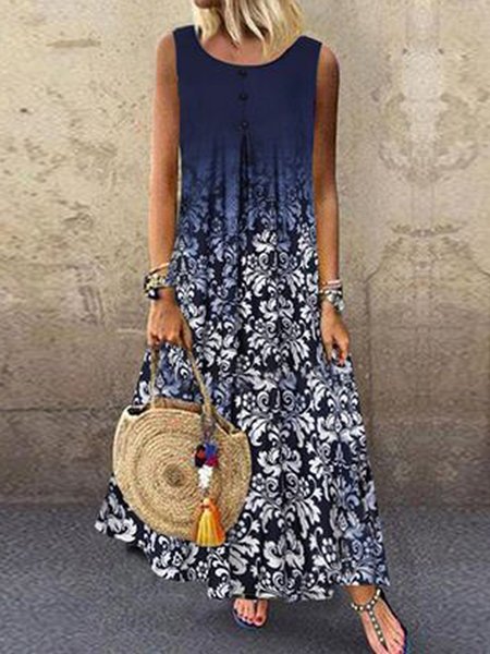 

Vacation Crew Neck Buttoned Tribal Dresses, Dark blue, Dresses