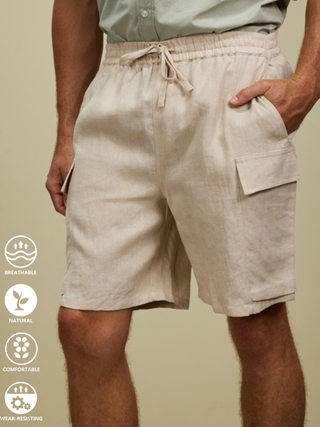 

Cotton and linen style American casual basic all-match linen shorts, As picture, Pants