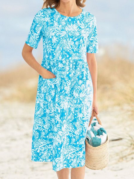 

Vacation Floral Crew Neck Dresses, Blue, Midi Dresses