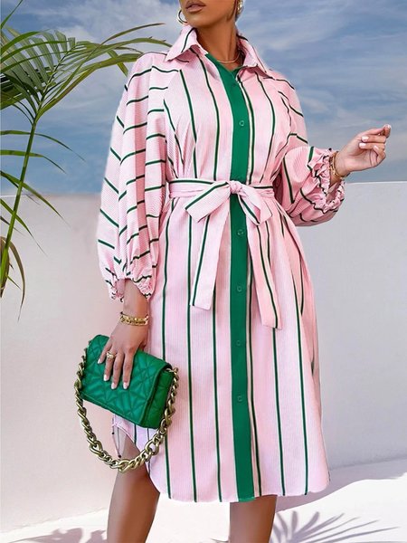 

Elegant Loosen Shirt Collar Striped Color Block Dress, Pink, Dresses