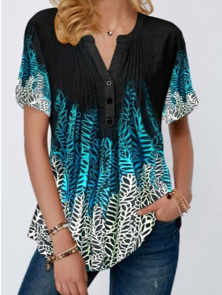

V Neck Plants Loosen Tops, Multicolor, Shirts & Blouses