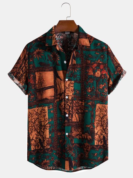 

Cotton Linen Vintage Hawaiian Vacation Short Sleeve Shirt, Green, Men's Floral shirt