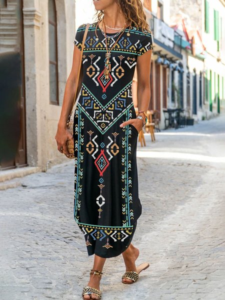 

Casual Vintage Geometric Printed Round Neck Maxi Dresses, Black, Dresses