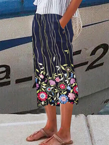 

Mid Waist Floral Linen Straight Leg Lounge Pants, Dark blue, Pants