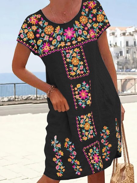 

Mexican floral holiday print loose knee dress plus, Black, Dresses