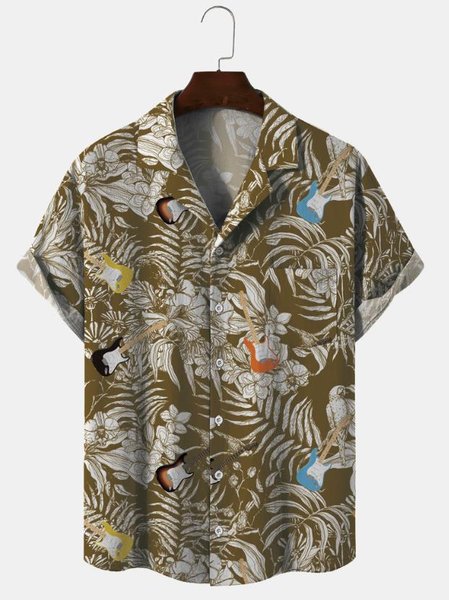 

Cotton Linen Music Print Casual Short Sleeve Shirt, As picture, Men's Floral shirt