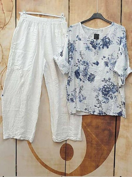 

Ink color retro Flower Top Pants two piece suit plus size, Blue, Suit Set