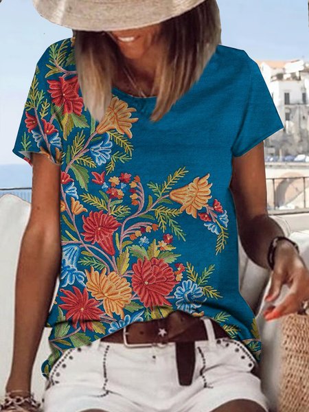 

JFN Vintage Floral Vacation Holiday Plus Size T-shirt/Tee, Blue, T-Shirts