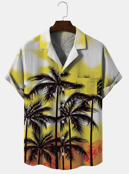 

Cotton And Linen Holiday Leisure Short-sleeved Shirt, As picture, Men's Floral shirt