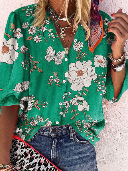 

Floral Casual V Neck Blouse, Green, Shirts & Blouses