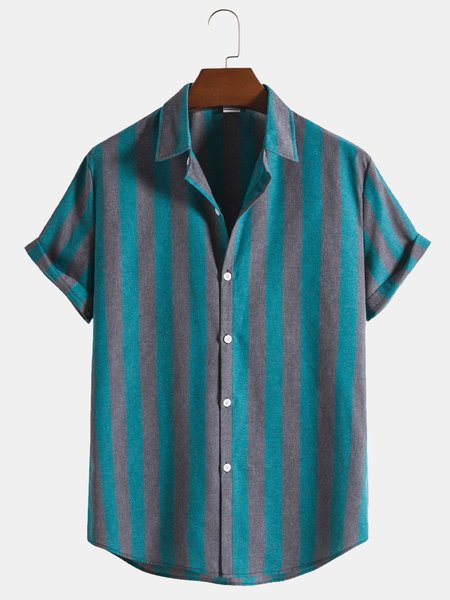 

Cotton Linen Striped Casual Short Sleeve Shirt, Blue, Men's Floral shirt