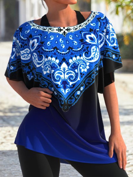 

Crew Neck Tribal Cotton Blends Tops, Blue, T-Shirts
