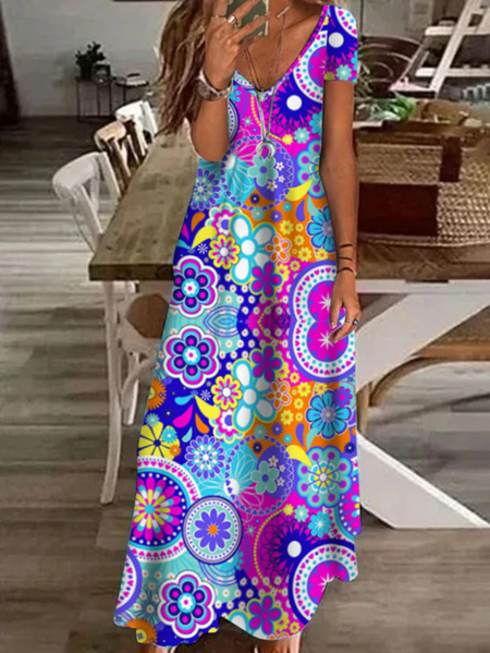 

V Neck Vacation Floral Dresses, Multicolor, Dresses