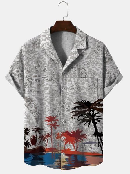 

Cotton Linen Vintage Hawaiian Vacation Short Sleeve Shirt, As picture, Men's Floral shirt