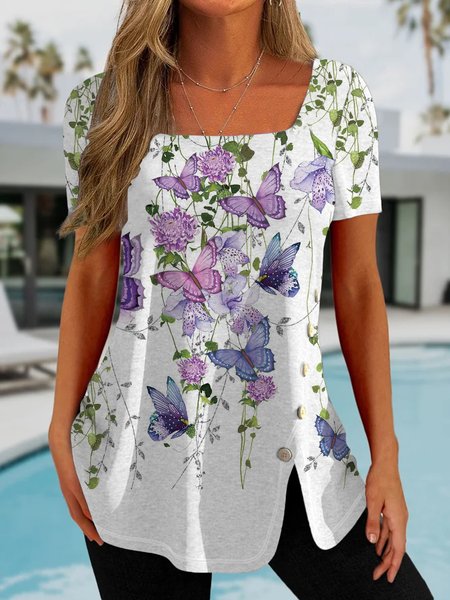 

Butterfly Square Neck Casual Buttoned T-Shirt And Tunic, Multicolor, Tops