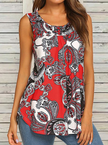 

Women's Paisley Printed Pleated Sleeveless Blouse Shirt Casual Flare Tunic Top, Red, Tanks & Camis