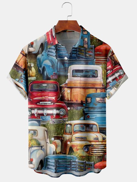 

Mens Retro Cars Print Short Sleeve Shirt Lapel Chest Pocket Top, Red, Short Sleeve Shirts