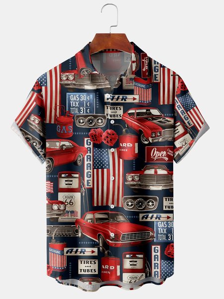 

Mens Funky American Flag Vintage Cars Print Front Buttons Soft Breathable Chest Pocket Casual Aloha Shirts, Blue, Men's Floral shirt