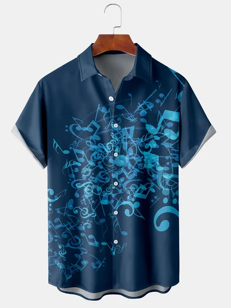 

Mens Music Notes Print Lapel Chest Pocket Short Sleeve Hawaiian Shirts, Blue, Men's Floral shirt