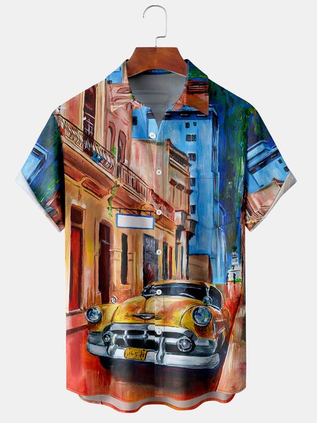 

Mens Vintage Car Painting Print Lapel Chest Pocket Short Sleeve Hawaiian Shirts, Blue, Men's Floral shirt