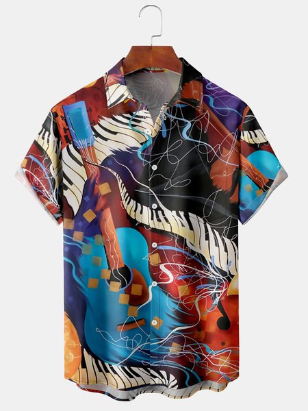 

Mens Retro Music Print Lapel Chest Pocket Short Sleeve Aloha Shirts, Black, Men's Floral shirt