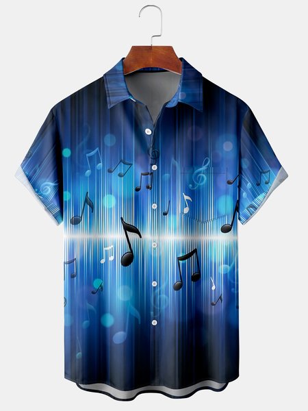 

Mens Music Print Lapel Chest Pocket Short Sleeve Shirt Hawaiian Top, Blue, Men's Floral shirt