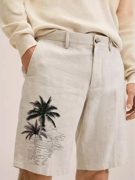 

Mens Hawaiian Coconut Tree Print Cotton Linen Casual Shorts, Apricot, Men's shorts
