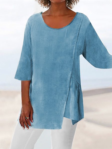 

Casual Cotton And Linen Irregular Hem Crew Neck Top, Blue, Tunics