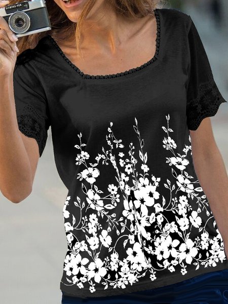 

Floral Lace Square Neck T-Shirt, Black, T-Shirts