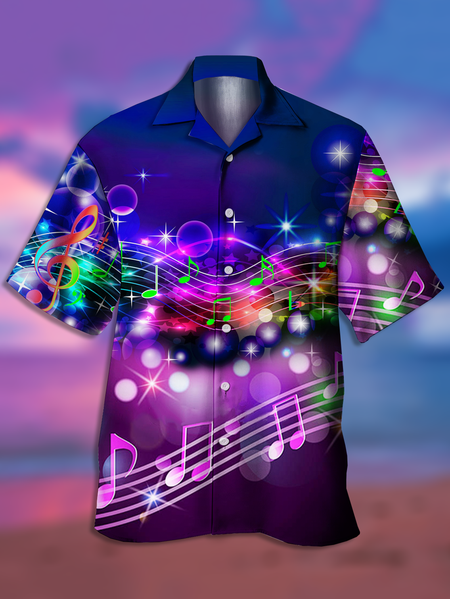 

Casual Music Collection Gradient Geometric Stripes Note Element Pattern Lapel Short Sleeve Shirt Print Top, Blue purple, Men's Floral shirt